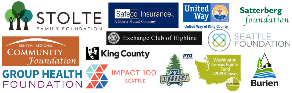 Logos from the organizations that have assisted PLN during the COVID-19 crisis: Stolte Family Foundation, Safeco Insurance, United Way, Satterberg Foundation, Exchange Club of Highline, Seattle Foundation, Renton Regional Community Foundation, Group Health Foundation, Impact 100 Seattle, King County, Cedarhurst, Washington Census Equity Fund, and the City of Burien.