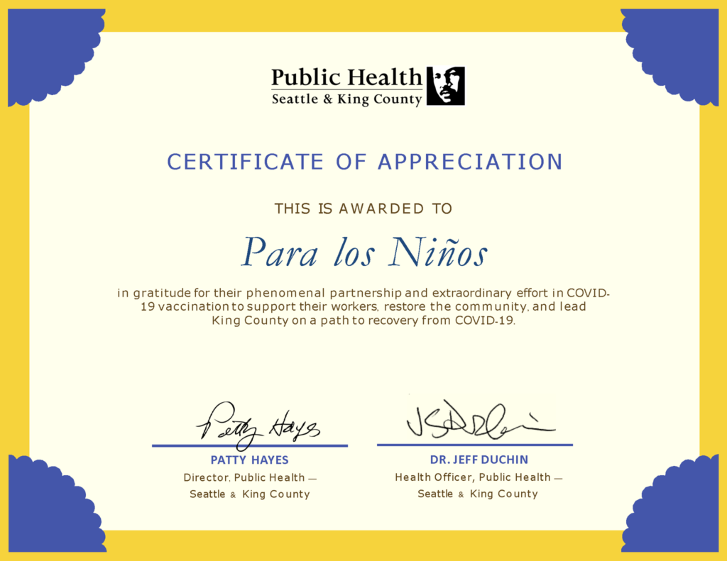 A certificate presented to PLN from King County - Public Health 