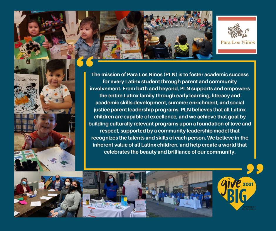 Graphic with pictures of PLN students and parents in class and out helping the community. With PLN mission in middle.