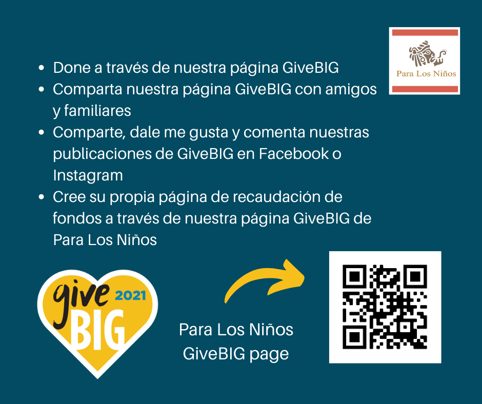 Cómo ayudar a PLN durante GiveBIG

1. Done a través de nuestra página GiveBIG
2. Comparta nuestra página GiveBIG con amigos y familiares
3. Comparte, dale me gusta y comenta nuestras publicaciones de GiveBIG en Facebook o Instagram
4. Cree su propia página de recaudación de fondos a través de nuestra página GiveBIG de Para Los Niños